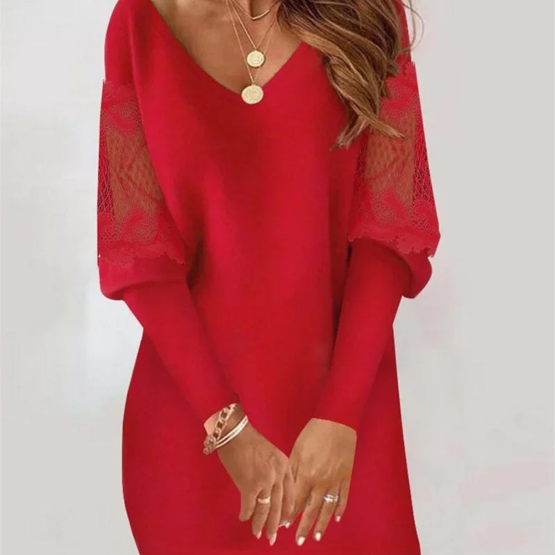 Elegant Lantern Sleeve Lace Splicing Dress Women Solid Color Deep V Neck Dresses Female Fashion Commuter Casual Party Mini Gown Red