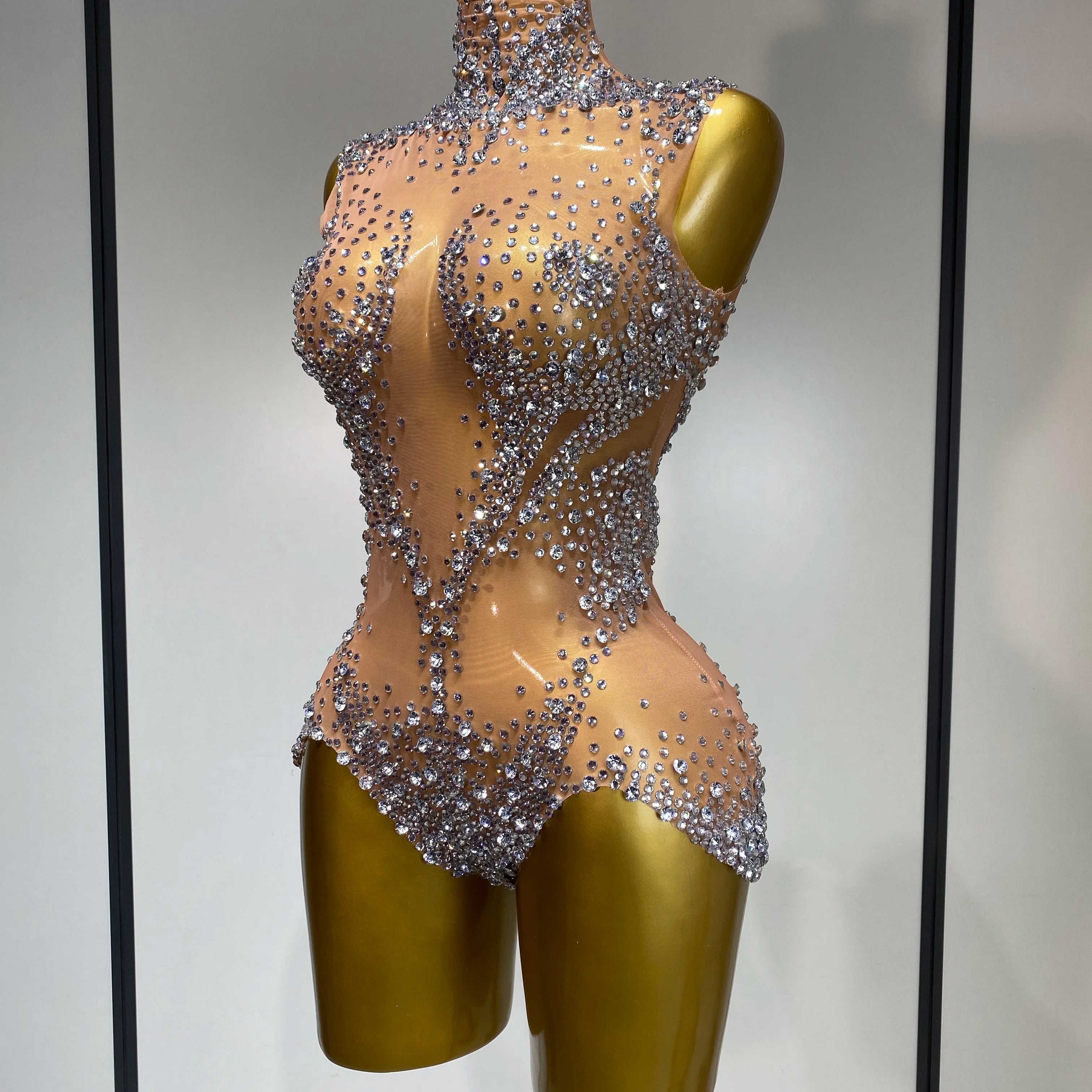 Women Sexy See Through Crystal Bodysuits Luxury Birthday Dancer Stage Performance Wear Mesh Sparkly Rhinestone Nightclub Outfit