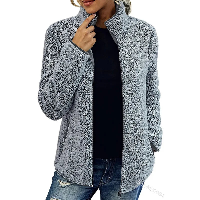 Women Solid Fleece Jackets Casual Fashion Stand Collar Coat Female Long Sleeve Zipper Outerwear Lady Clothes Autumn Winter Gray