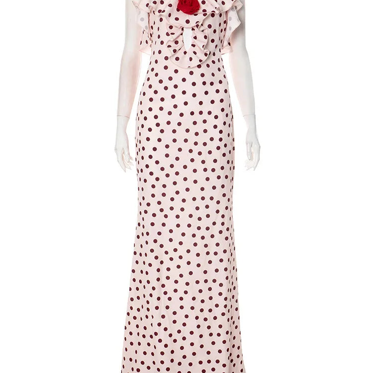Rose Polka Dot Maxi Dress For Women Gown Spaghetti Strap Off-shoulder Sleeveless Backless Elegant Evening Club Dress