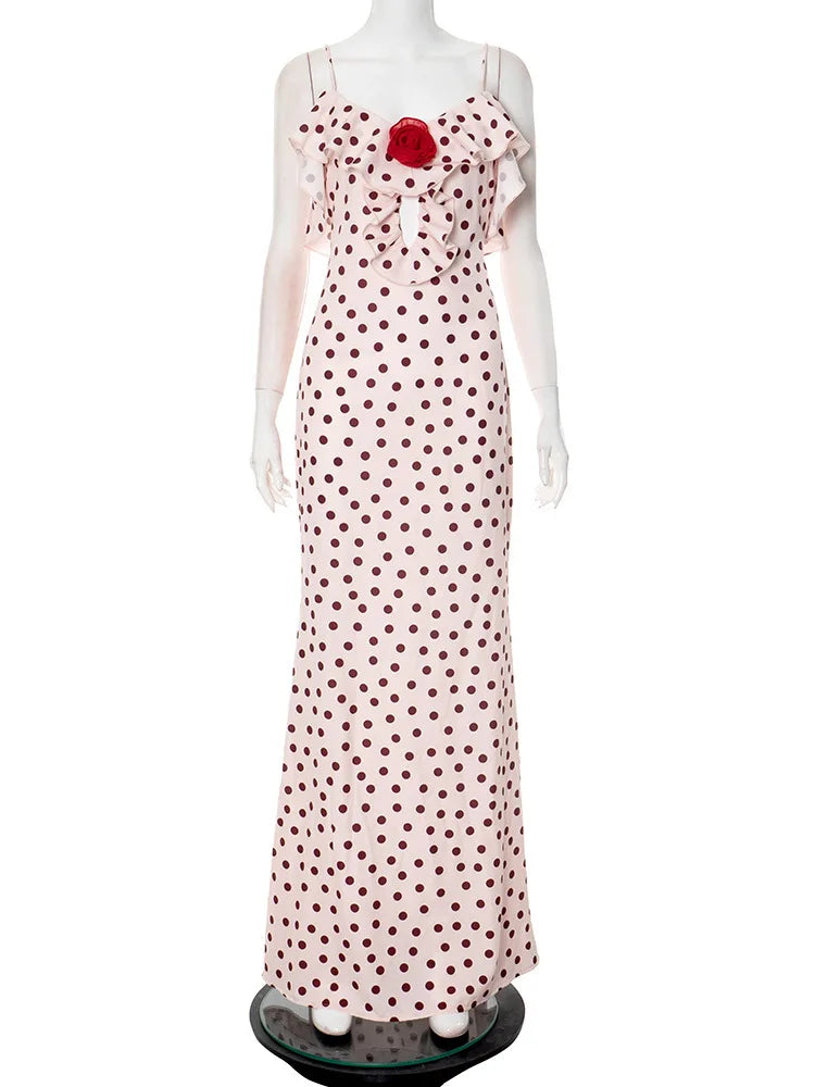 Rose Polka Dot Maxi Dress For Women Gown Spaghetti Strap Off-shoulder Sleeveless Backless Elegant Evening Club Dress