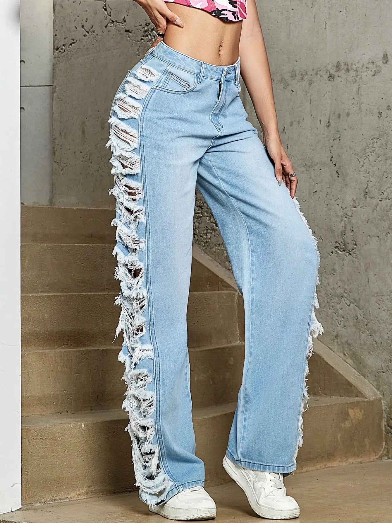 Y2K Women Fashion Side Ripped Detail Jeans Street Solid Low Waist Washed Blue Straight Leg Ladies Denim Trousers