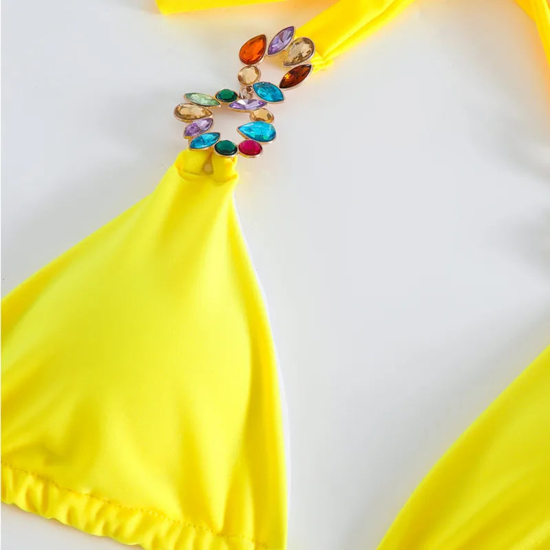 Yellow Sexy Rhinestones Bikinis Women Swimwear Female Swimsuit Swimming Bathing Suits Brazilian Bikini Set Beachwear Bather