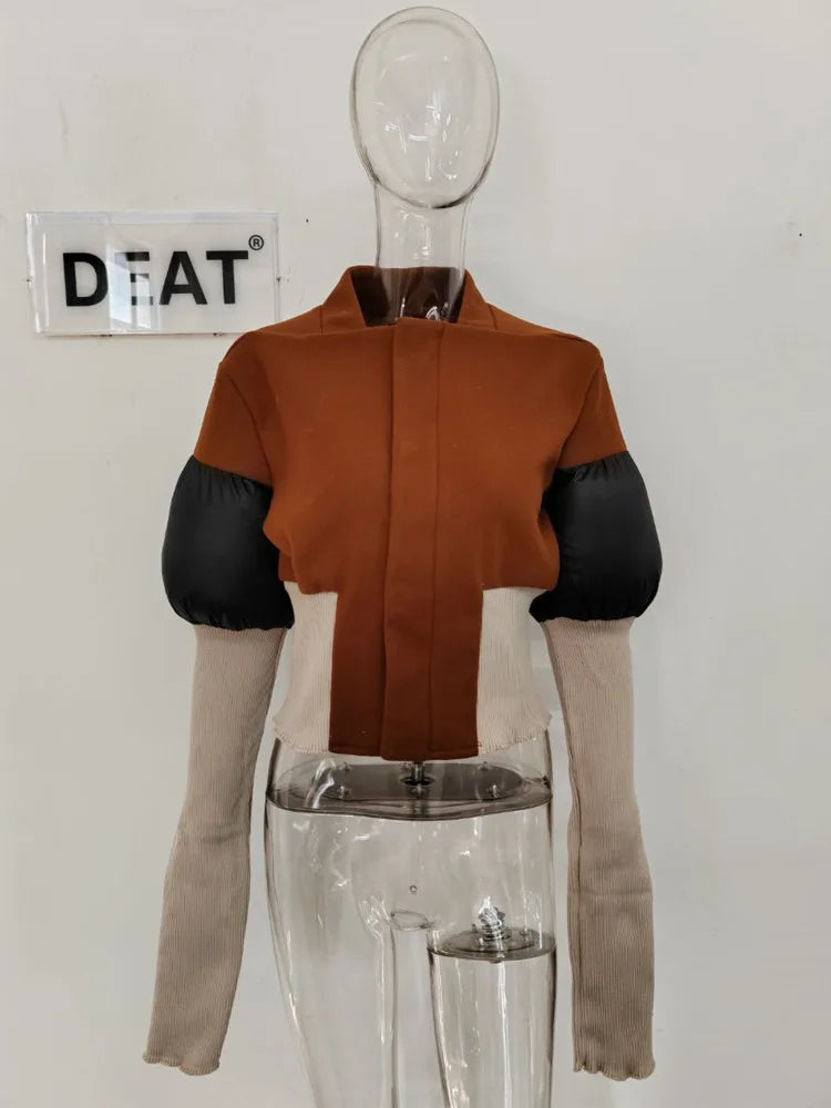 DEAT Fashion Women's Color Block Jackets Long Sleeve Zipper Collarless Slim Short Patchwork Short Coat Spring New 7AB3106