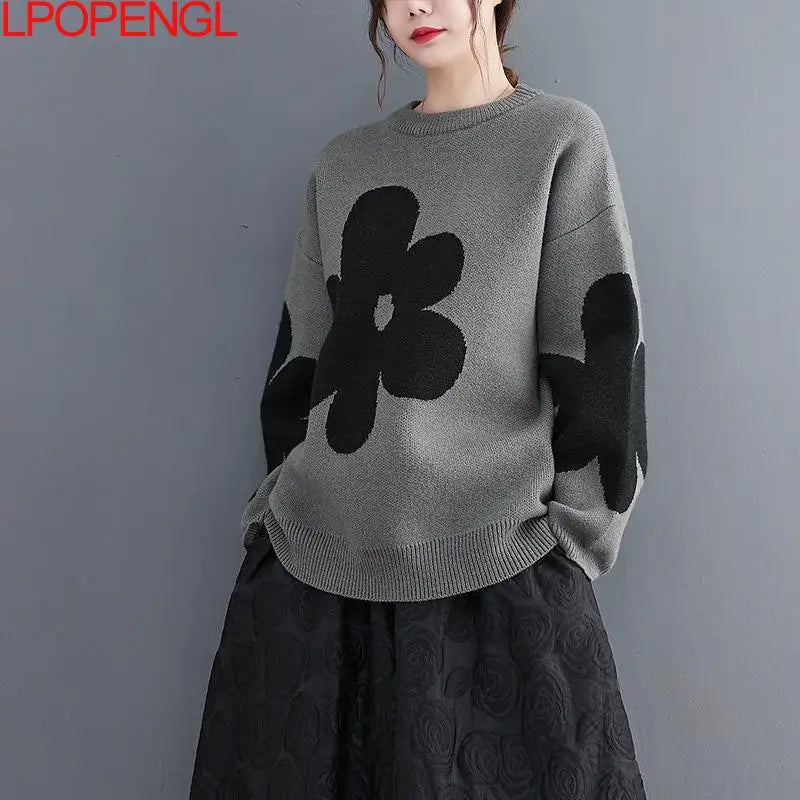 Women's Autumn And Winter Korean Bottoming Long Sleeves Flowers O-neck Pullover A-straight Vintage Sweater Trend Top