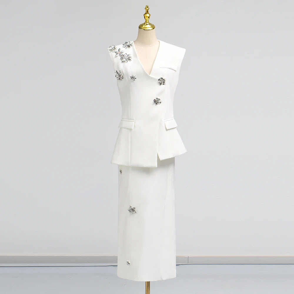 TWOTWINSTYLE Solid Spliced 3D Flower Two Piece Sets for Women V Neck Sleeveless Top High Waist Split Skirt Elegant Set Female