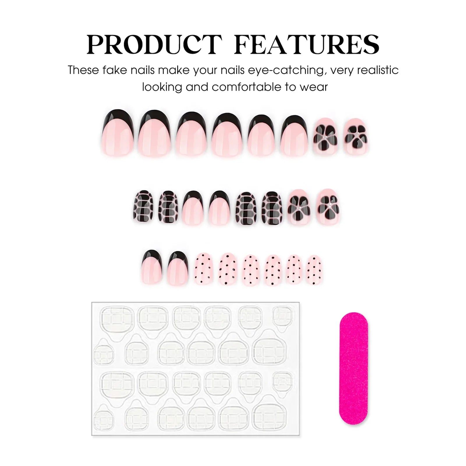 Short Oval Shaped False Nails 24Pcs Black French Press On Nails Flower/Dot Printed Cool Girls Charm Manicure Stick-on Fake Nails