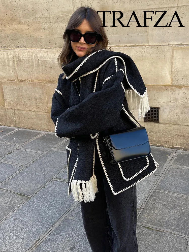 TRAFZA 2023 Autumn Fashion Woman Black Crochet Scarf Coat O Neck Long Sleeve Button Straight Casual Vintage Female Cozy Coats