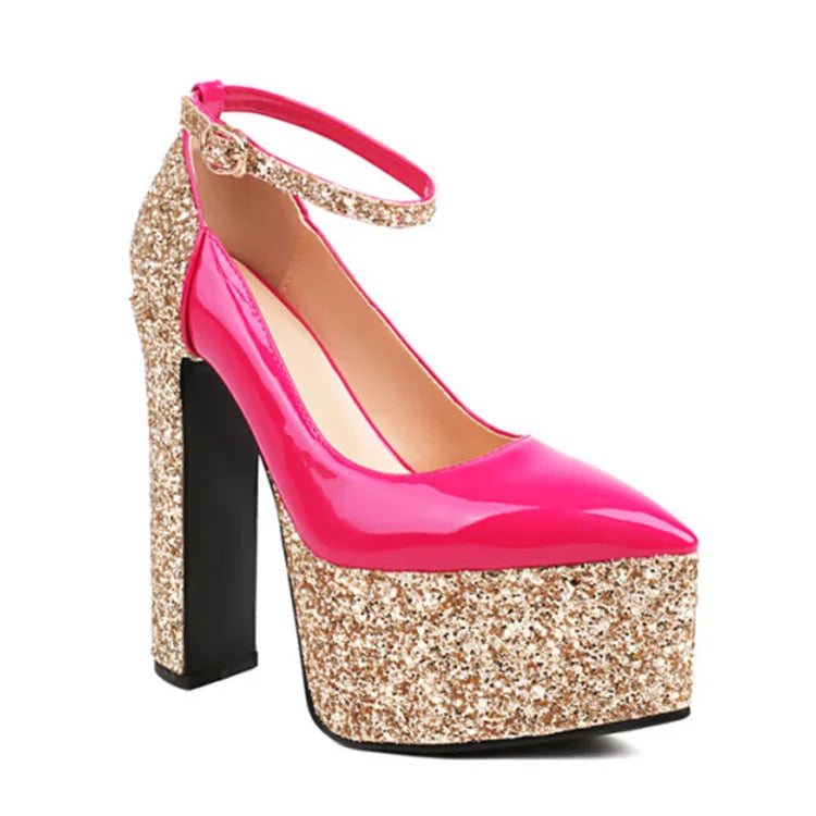 Women's Thick Soles High Heels Fashion Sequins Pointed Elegant Platform Women's Banquet Wedding Party Women's Shoes 55-Pink