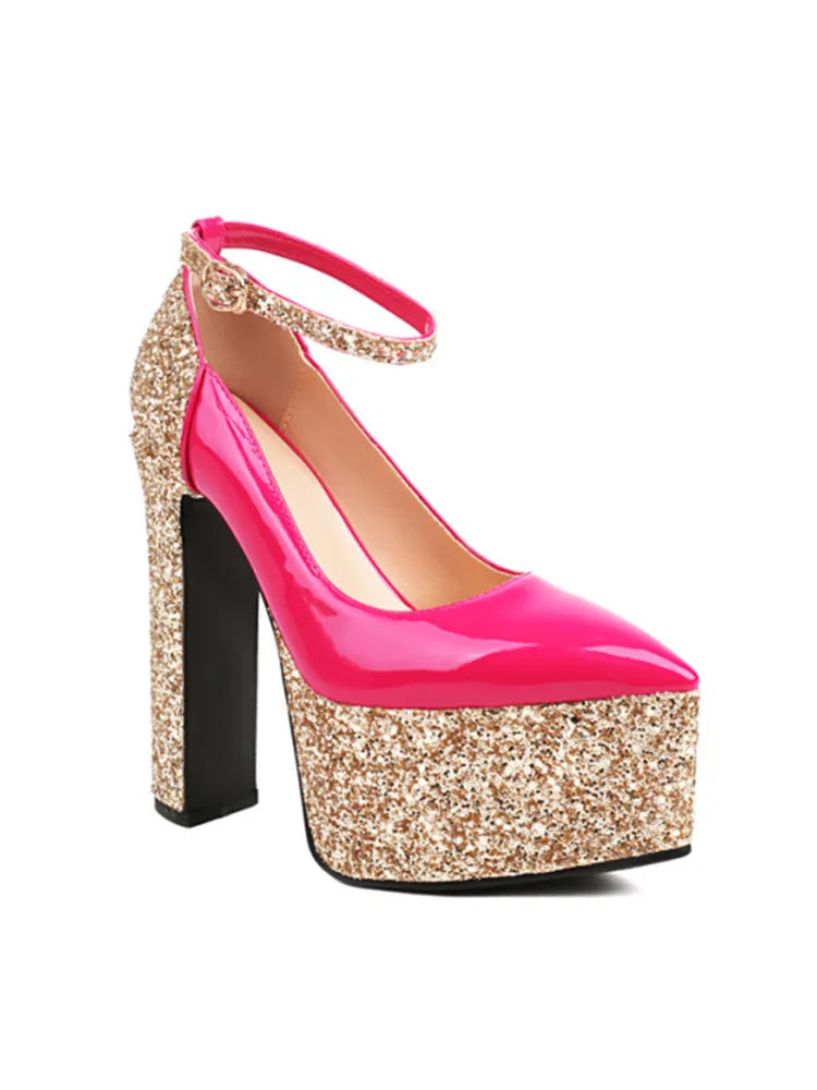 Women's Thick Soles High Heels Fashion Sequins Pointed Elegant Platform Women's Banquet Wedding Party Women's Shoes 55-Pink