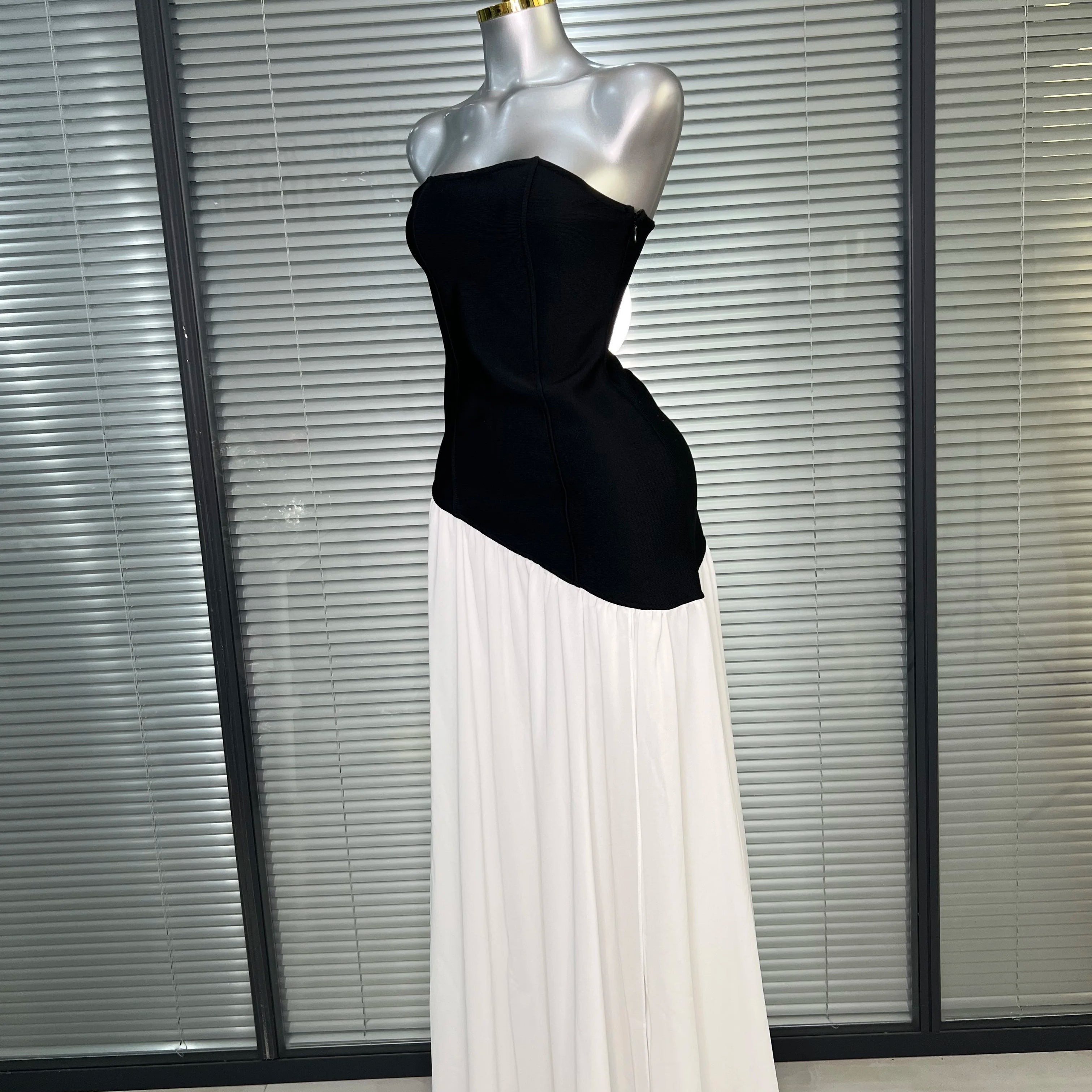 Brand New 2025 Women Sexy Strapless Bodycon Maxi Dress Patchwork High Street Evening Party Dress Vestido