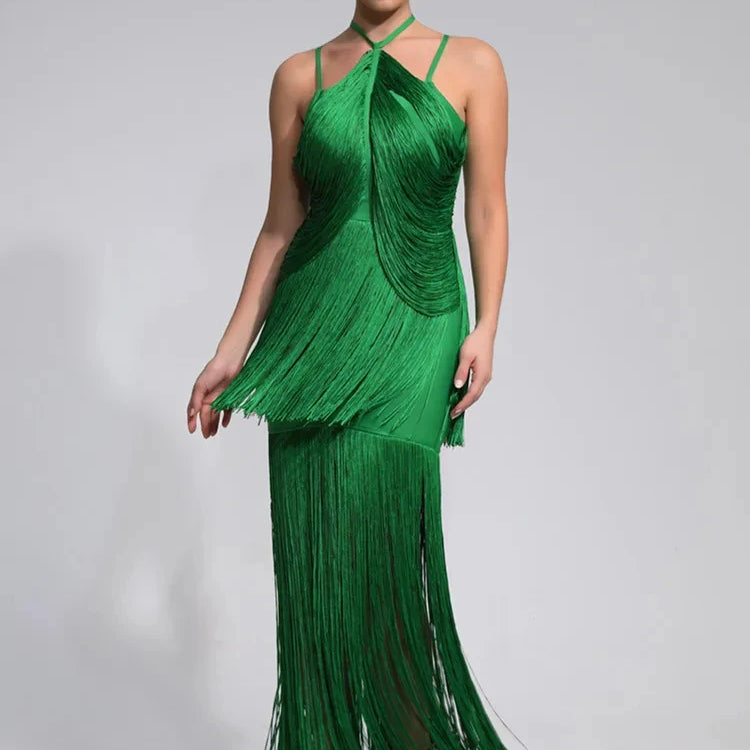 Women Celebrity Luxury Sexy Backless Tassel Green Ankle Length Bodycon Bandage Dress 2024 Elegant Evening Club Party Outfit