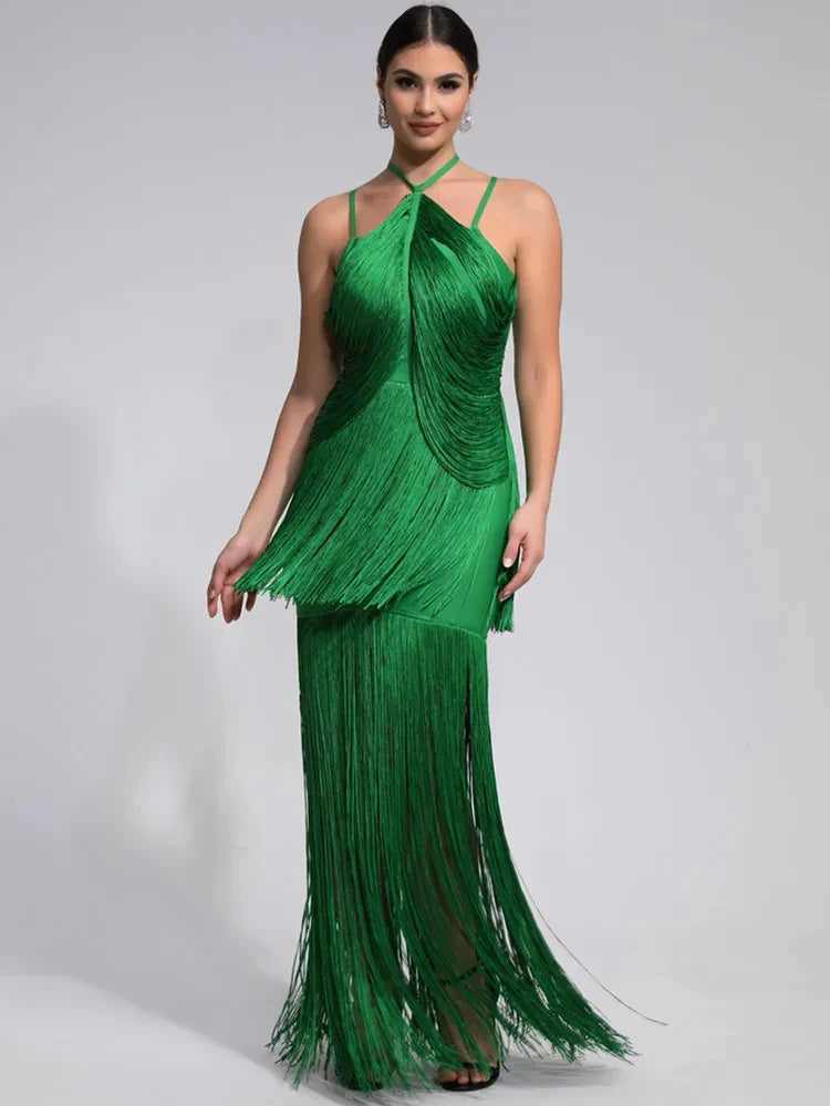 Women Celebrity Luxury Sexy Backless Tassel Green Ankle Length Bodycon Bandage Dress 2024 Elegant Evening Club Party Outfit