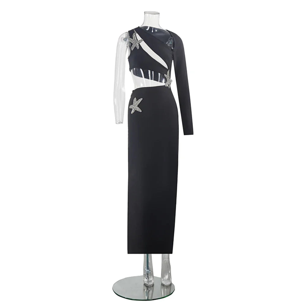 Ailigou New Women's Black Sexy Hollow Diamond Starfish Long Sleeve Tight Long Bandage Dress Elegant Celebrity Party Dress black
