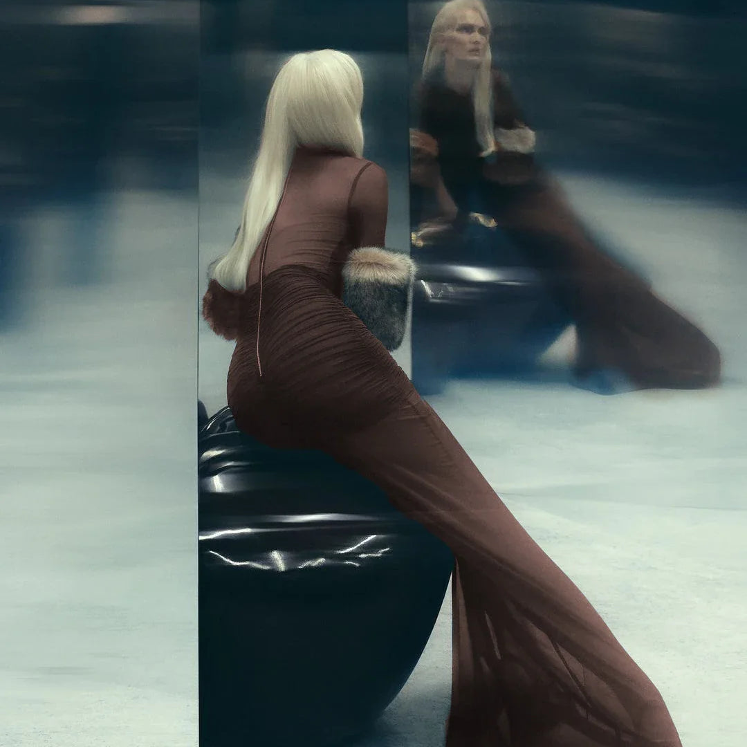 Brown Khaki Color Women Long Sleeve Sexy Mesh Bodycon Long Maxi Dress Runway Fashion Celebrate Evening Dress