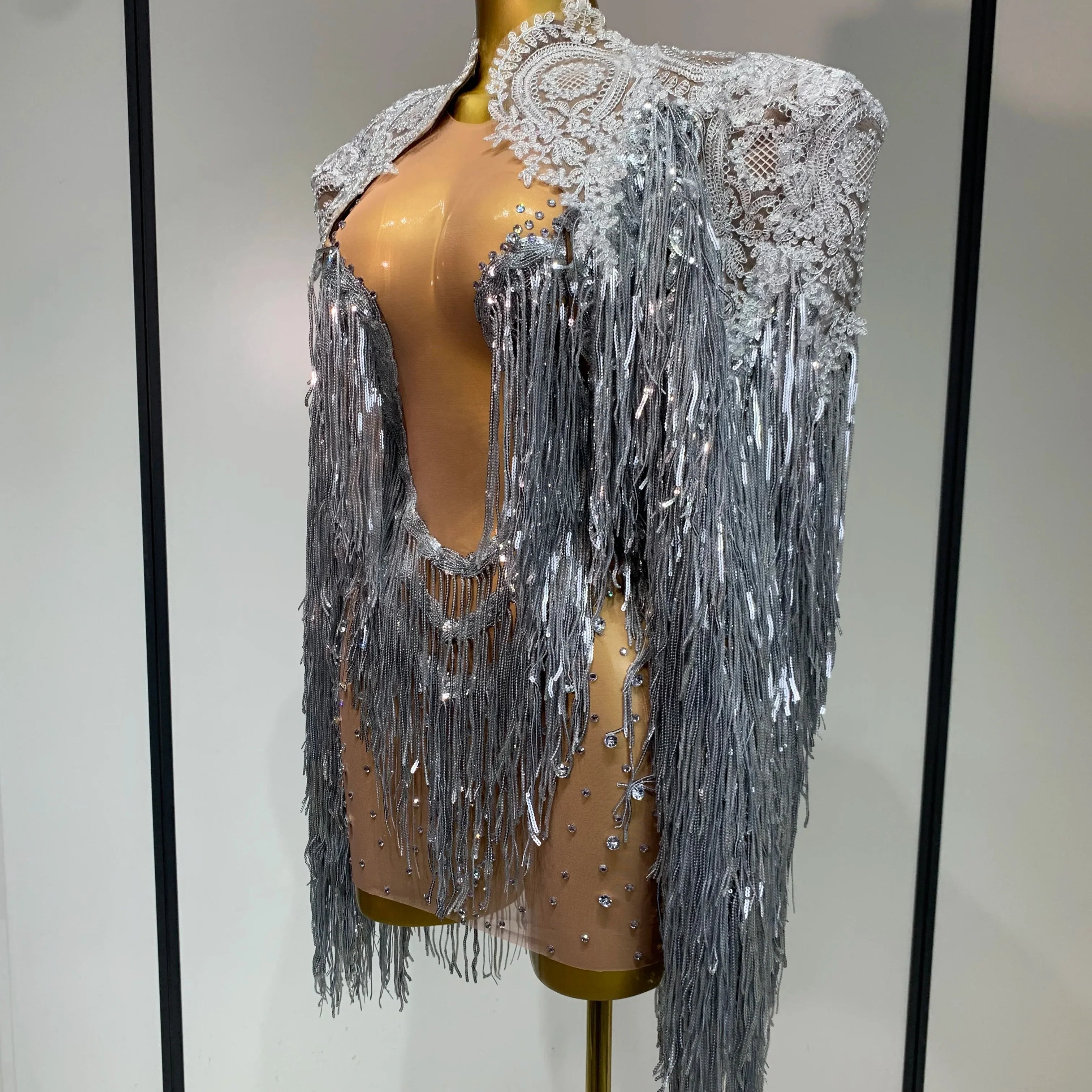 Luxury Rhinestones Tassels Mini Dress Suit Women Sexy See Through Mesh Birthday Party Club Dresses Performance Stage Outfit
