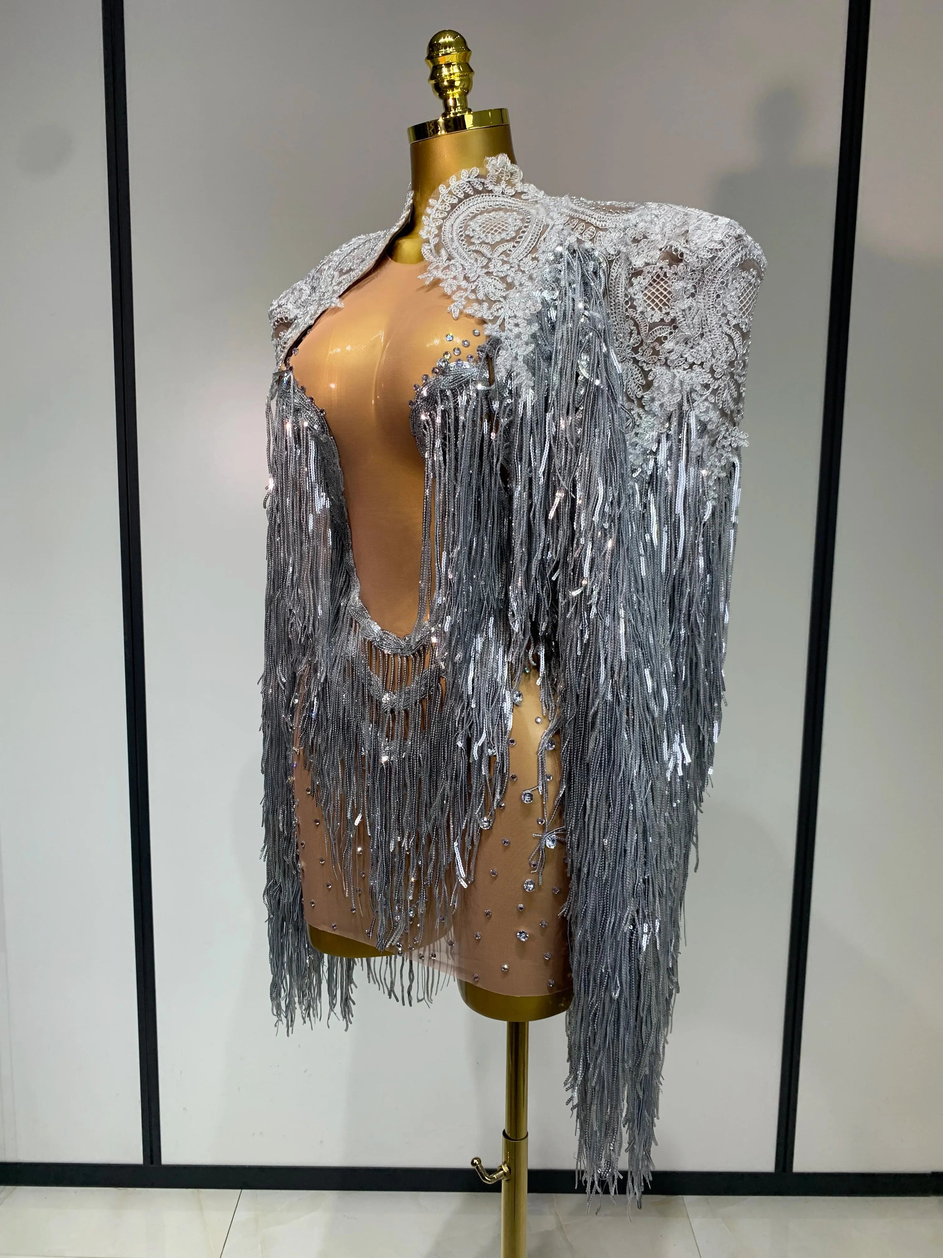 Luxury Rhinestones Tassels Mini Dress Suit Women Sexy See Through Mesh Birthday Party Club Dresses Performance Stage Outfit