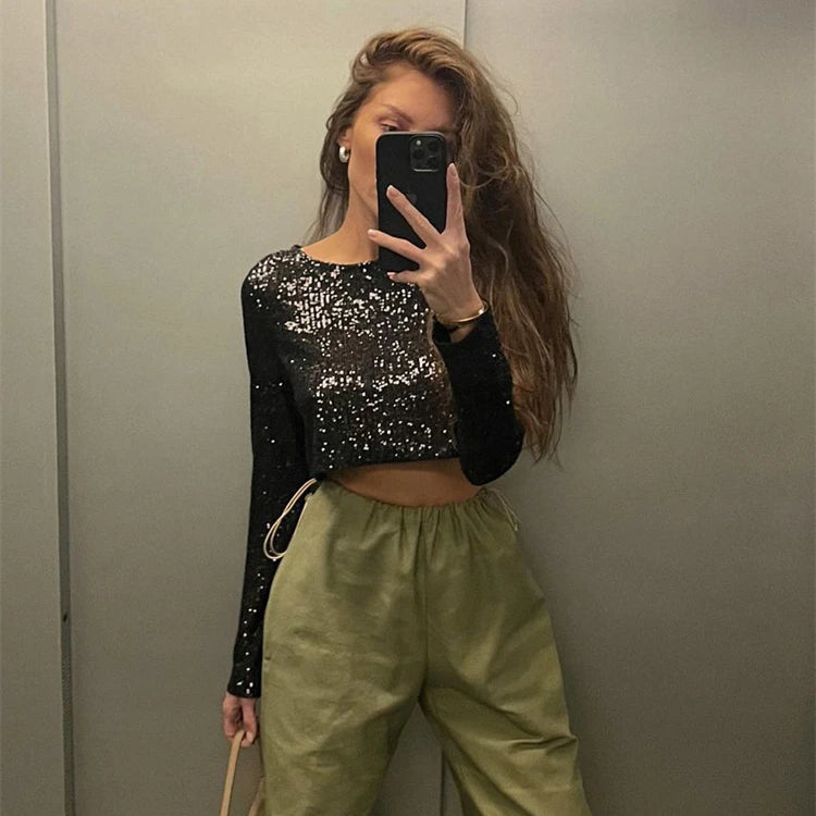 Glitter Sequin Crop top Autumn Winter Slim Long Sleeve Women Basic Solid Casual Top For WomenY2k Shiny Sequined Tshirts