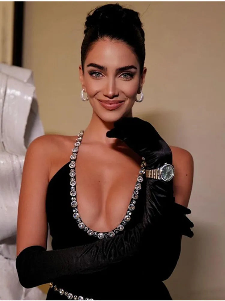 Women Luxury Sexy Backless Sequined Sparkly Split Black Midi Bodycon Bandage Dress 2022 Elegant Evening Club Party Dress