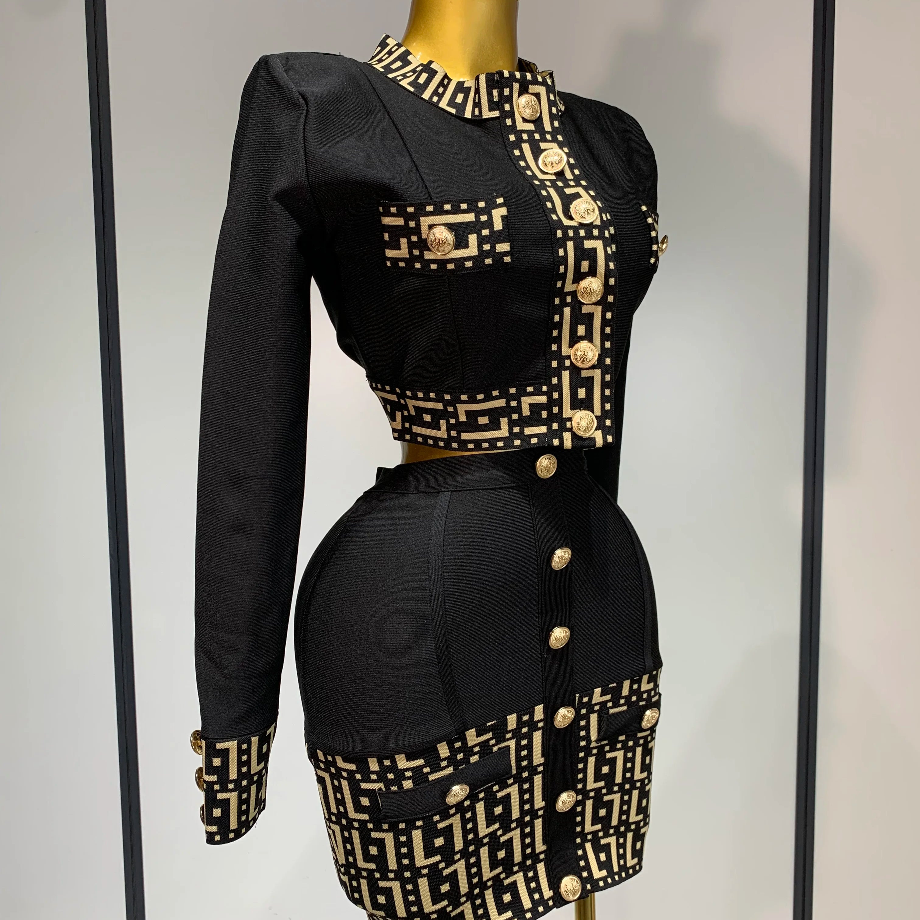 Women Black Long Sleeves Two Pieces Bandage Set Bottons Top Bodycon Mini Skirt Suit Evening Party Luxury Birthday Women's Outfit