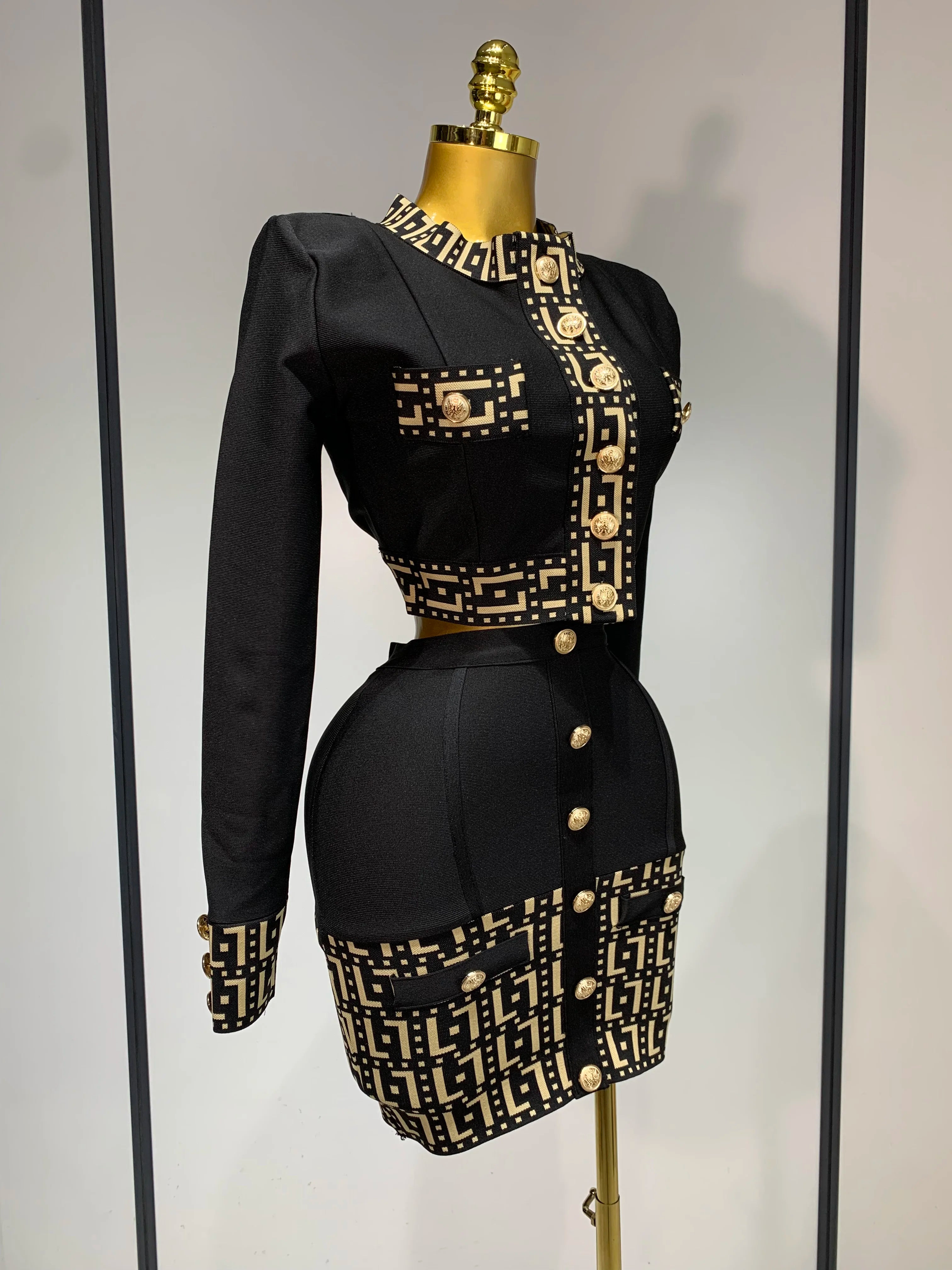 Women Black Long Sleeves Two Pieces Bandage Set Bottons Top Bodycon Mini Skirt Suit Evening Party Luxury Birthday Women's Outfit