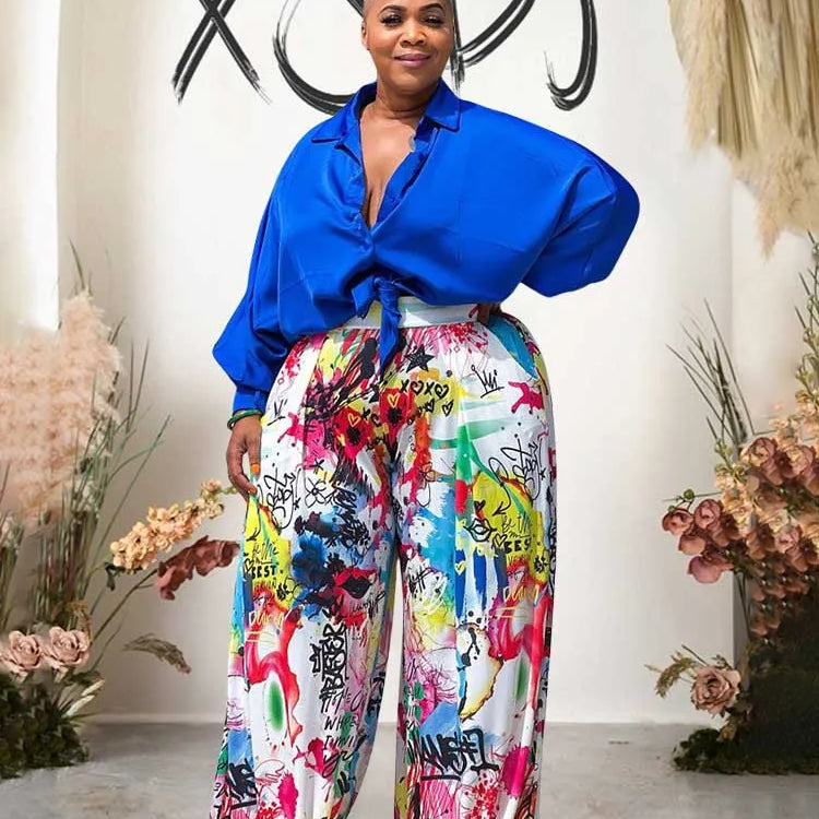 2piece Woman Outfit Streetwear Blue Silk Blouses Women Plus Size Autumn Top and Pants Suits 4xl Casual Female Pants Sets