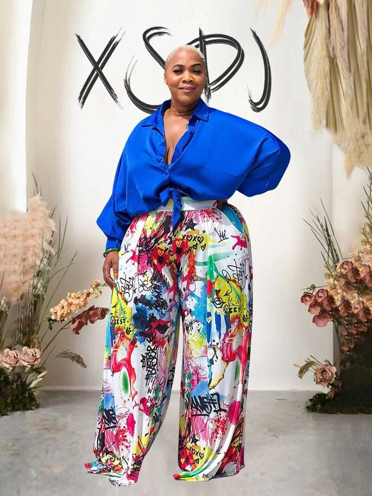 2piece Woman Outfit Streetwear Blue Silk Blouses Women Plus Size Autumn Top and Pants Suits 4xl Casual Female Pants Sets