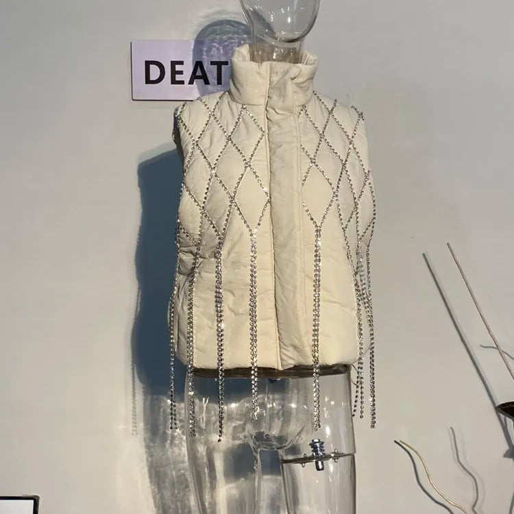 Fashion Women's Waistcoat Loose Stand Collar Single Breasted Sleeveless Plaid Diamonds Tassel Vest Winter Apricot