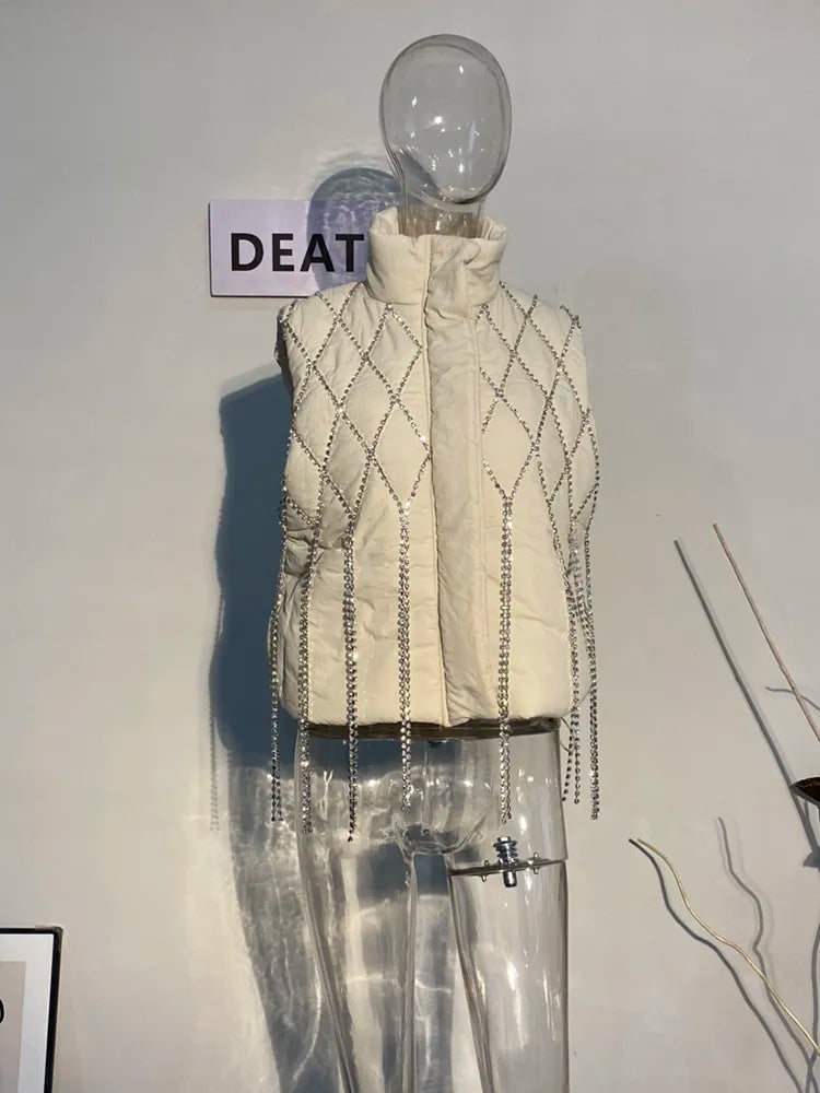 Fashion Women's Waistcoat Loose Stand Collar Single Breasted Sleeveless Plaid Diamonds Tassel Vest Winter Apricot