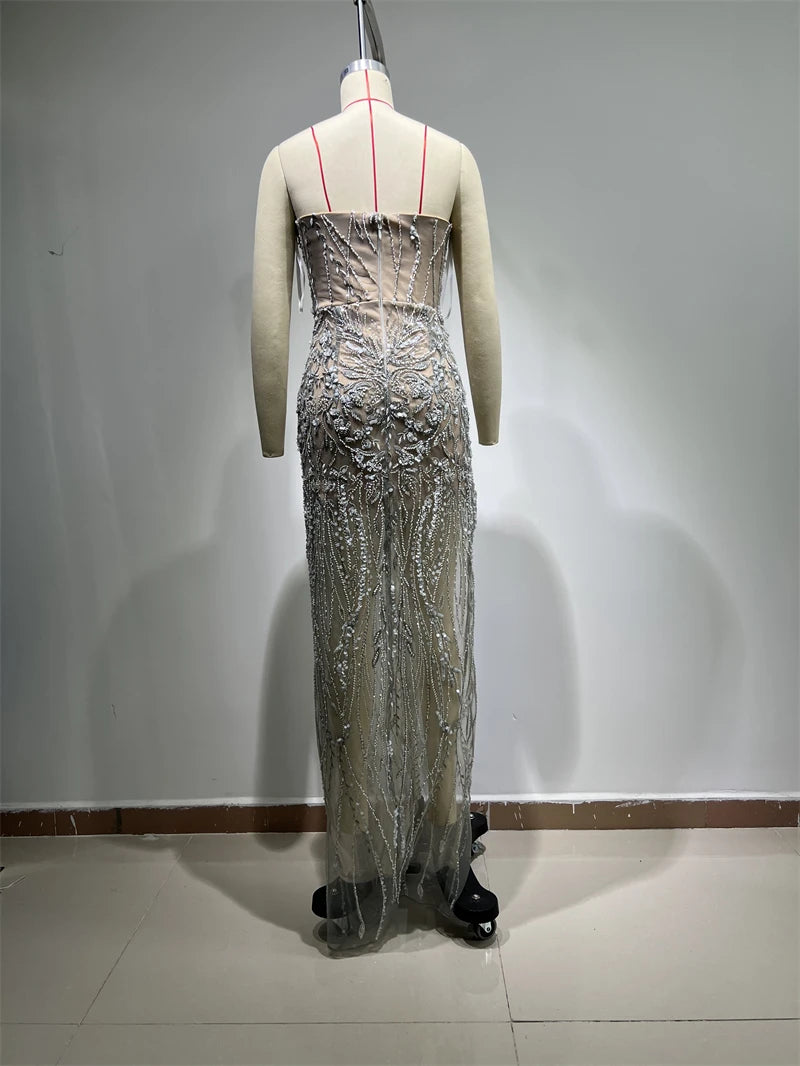Luxury Diamonds Beading Sexy High Slit V-Neck Strapless Ankle Length Dress Goddess Dress Celebrity Evening Party Outfit