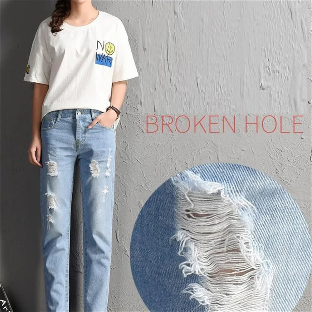 Casual High Street Denim Pants Women Fashion Mid Waist Big Ripped Hole Jeans Sexy Vintage Pencil Calca High Waisted Jeans