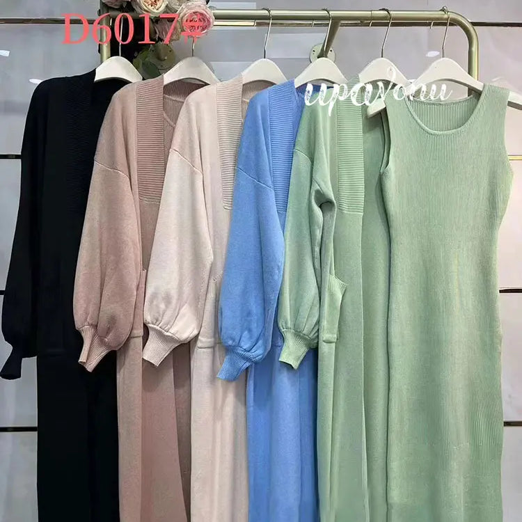 Casual Solid Knitted Sweater Long Dress Set Women Long Sleeve Loose Long Cardigan Coat&Sleeveless Mid length Dress Two Piece Set