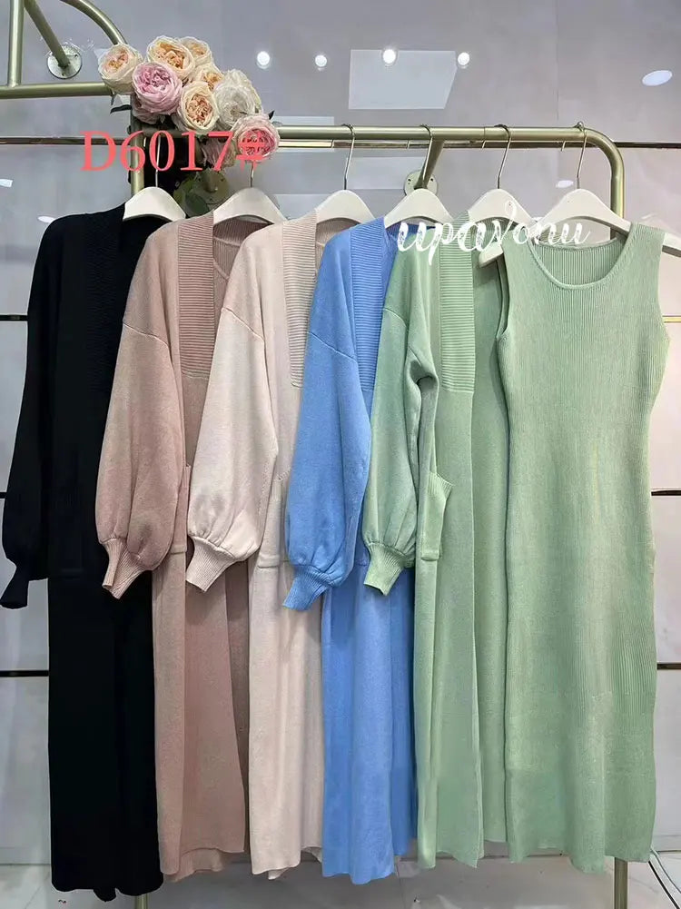 Casual Solid Knitted Sweater Long Dress Set Women Long Sleeve Loose Long Cardigan Coat&Sleeveless Mid length Dress Two Piece Set
