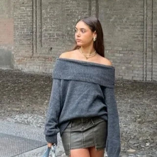 Thicken White Tassel Off Shoulder Sweater Women Elegant Slash Neck Long Sleeve Short Wool Pullover Winter Lady Knit Jumpers Dark Gray