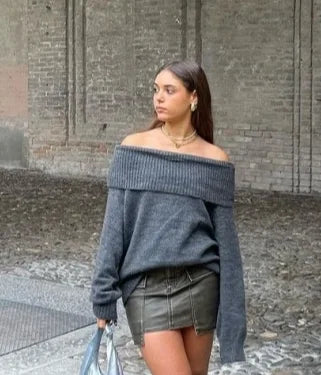 Thicken White Tassel Off Shoulder Sweater Women Elegant Slash Neck Long Sleeve Short Wool Pullover Winter Lady Knit Jumpers Dark Gray