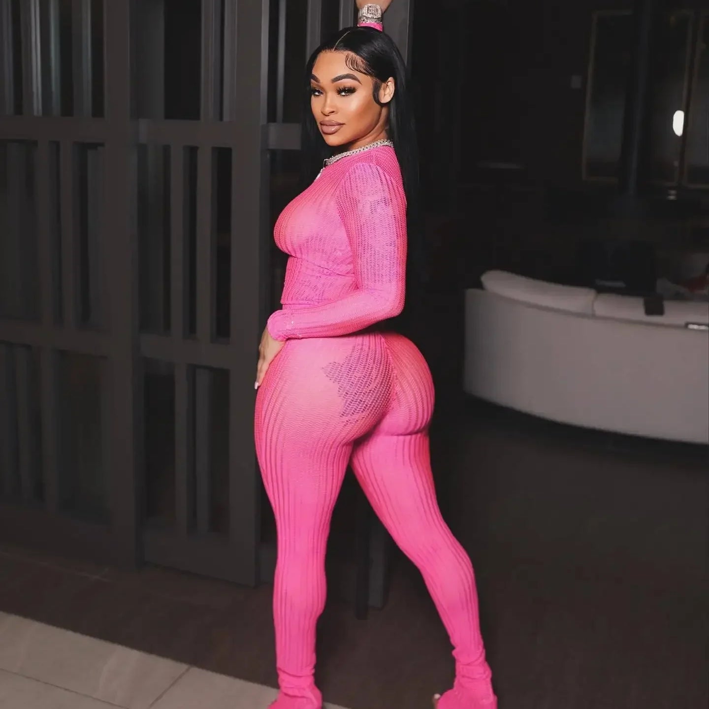 CM.YAYA Fashion See Though Women's Set Long Sleeve T-shirt and Flare Pants 2024 Active Street Two 2 Piece Sets Outfits Tracksuit