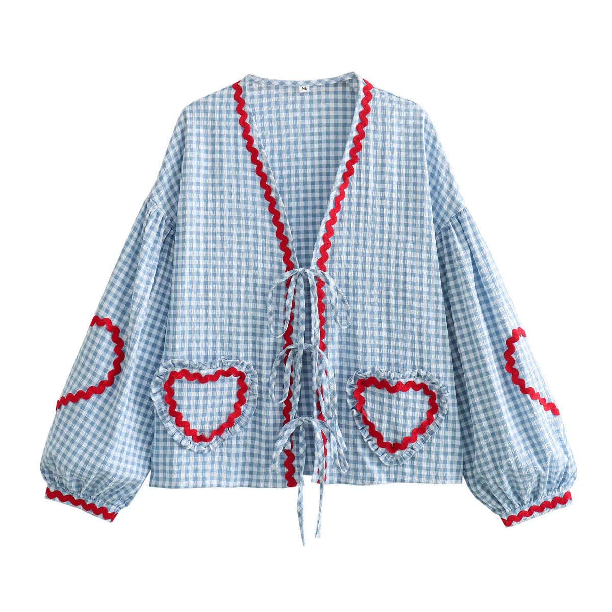 Vintage Women Loose Heart Pockets Shirts Fashion Ladies Casual V Neck Bow Buttons Blouses for Female Chic Tops Clothes BLUE