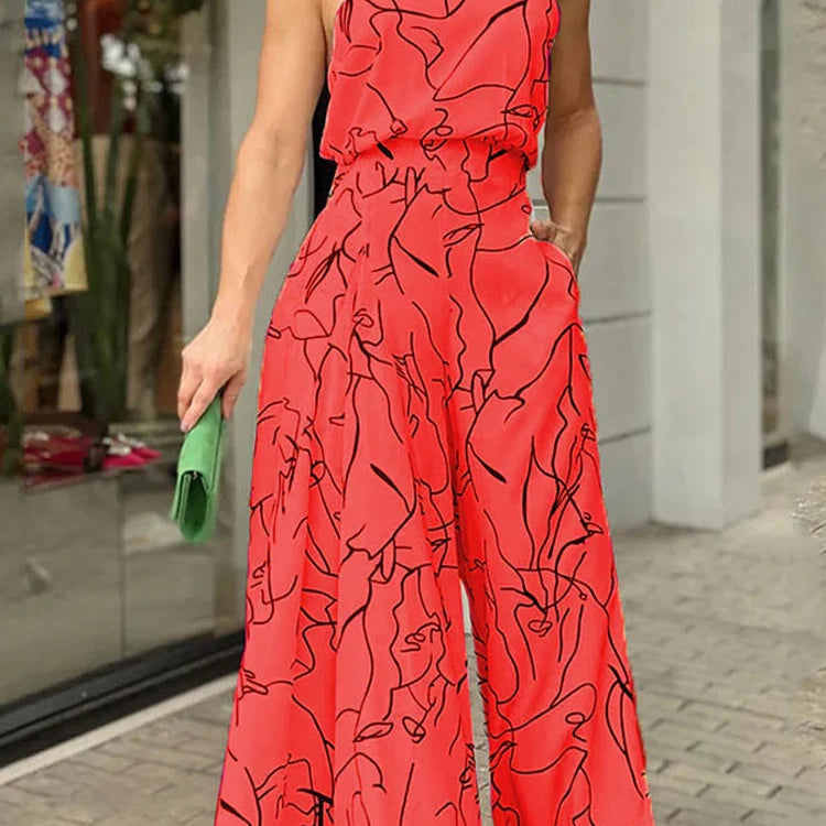 Women's Elegant Waist Halter Jumpsuit Casual Print Tie Sleeveless Wide Leg Long Pant Summer Clothing Red
