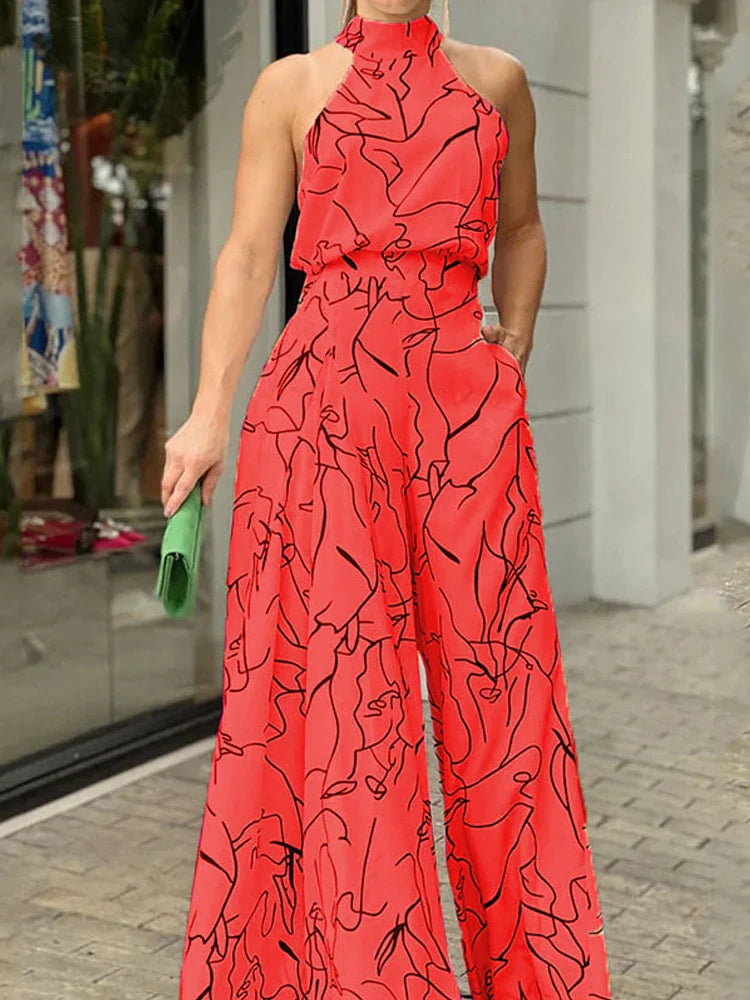 Women's Elegant Waist Halter Jumpsuit Casual Print Tie Sleeveless Wide Leg Long Pant Summer Clothing Red