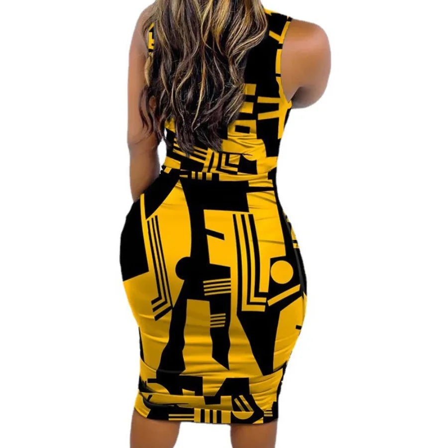 Summer Women Sleeveless Dress Printed Sexy Slim Pullover O Neck Midi Bodycon Dress Nightclub Party Elegant Evening Dresses