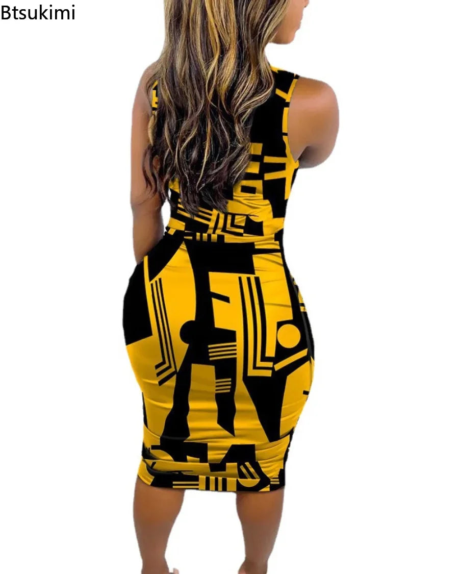 Summer Women Sleeveless Dress Printed Sexy Slim Pullover O Neck Midi Bodycon Dress Nightclub Party Elegant Evening Dresses