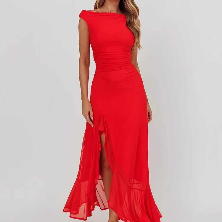 Sleeveless Ruffled Split Maxi Dress For Women Gown Mesh O Neck Oblique Shoulder Backless High Waist Slim Fit Club Dress