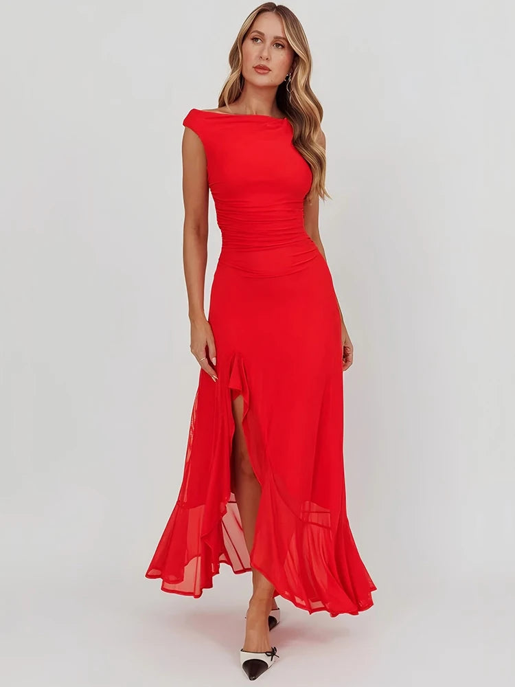 Sleeveless Ruffled Split Maxi Dress For Women Gown Mesh O Neck Oblique Shoulder Backless High Waist Slim Fit Club Dress