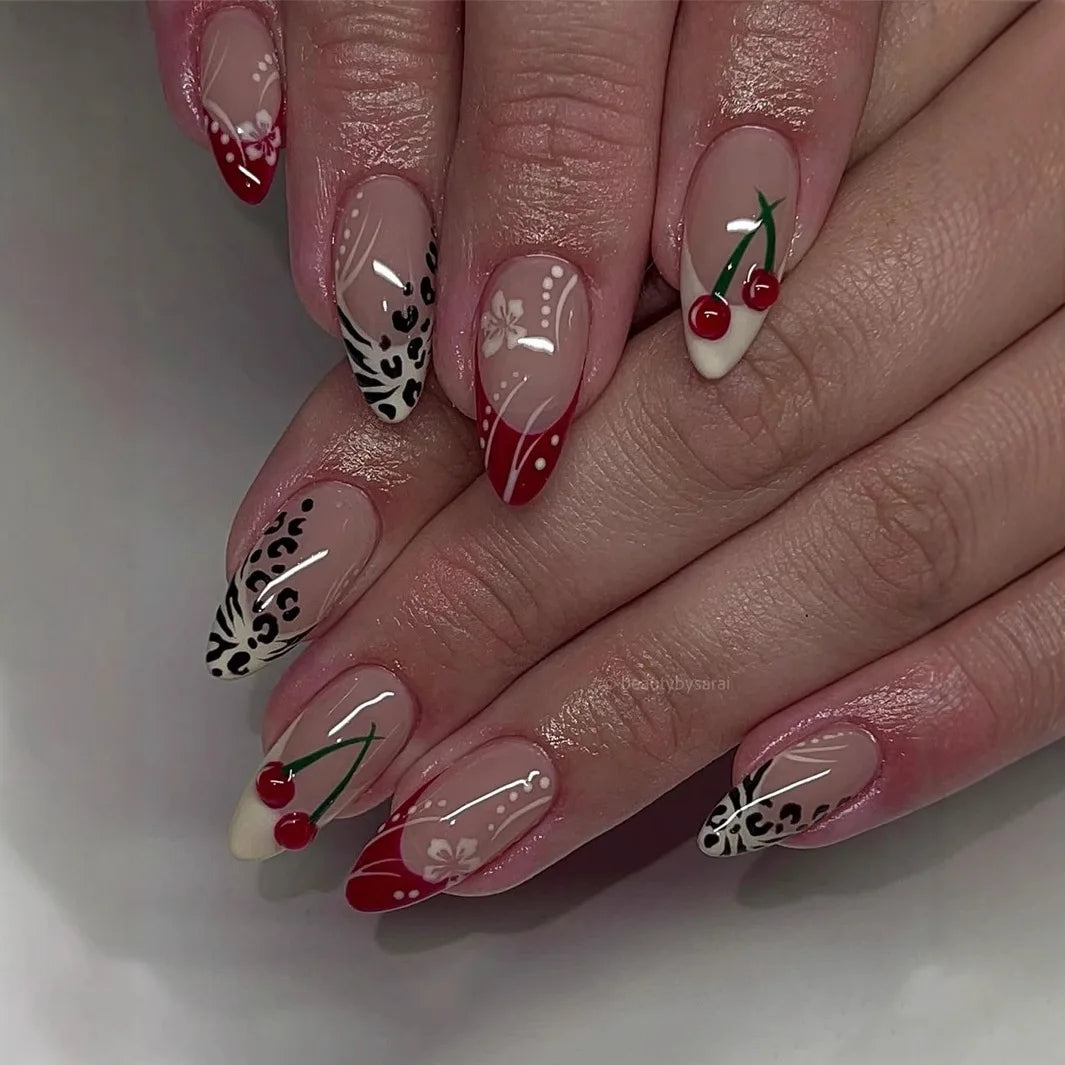 24Pcs Black White Polka Dot French Fake Nails with Cherry Reusable Press on False Nails Mid-length Almond Full Cover Nails Tips