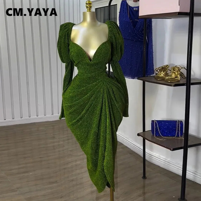 CM.YAYA Women Long Sleeve Strapless Ruched Mini Midi Dress 2025 Summer Evening Vacation Birthday Party Vestidos Sexy Dresses
