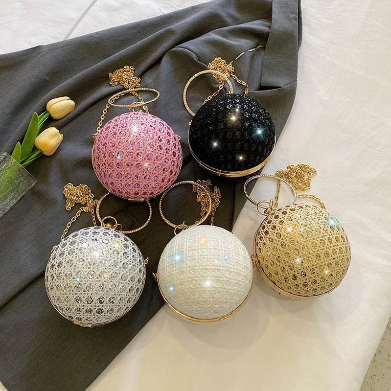 Sparkly Round Evening Purses for Women Shiny Diamonds Handbag Unusual Party Mini Small Bags Fashion Luxury Shoulder Bag Woman