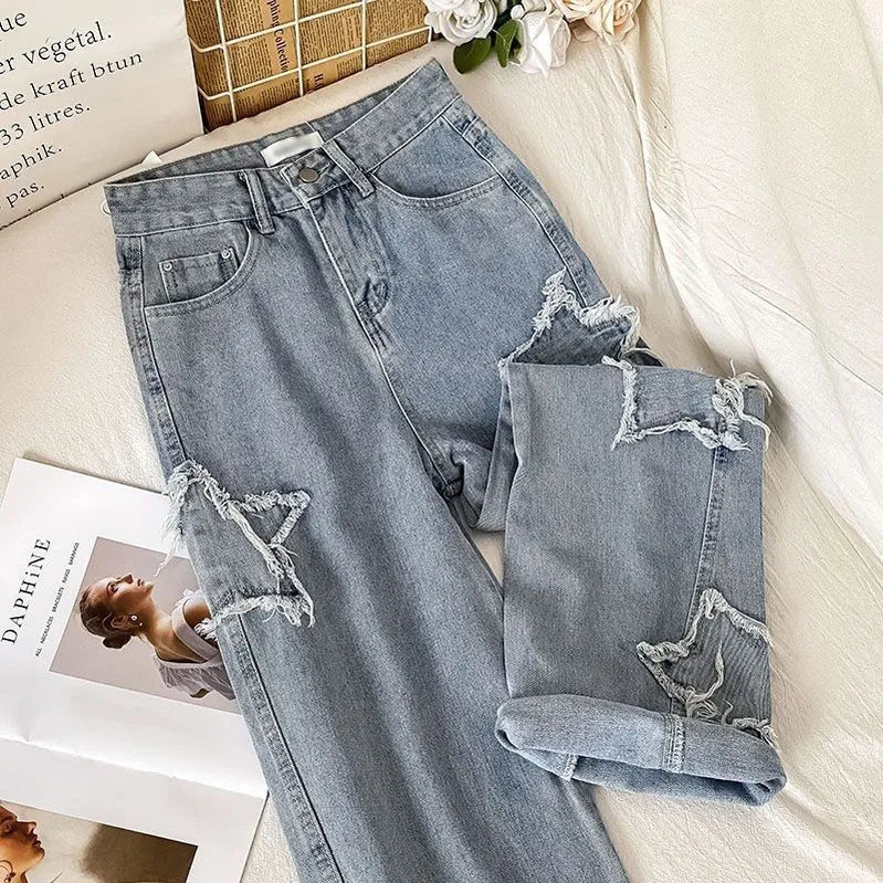 Denim Popular Ins Fashion Korean WIth Star Spring Autumn New High Waist Straight Leg Loose Fitting Jeans Blue