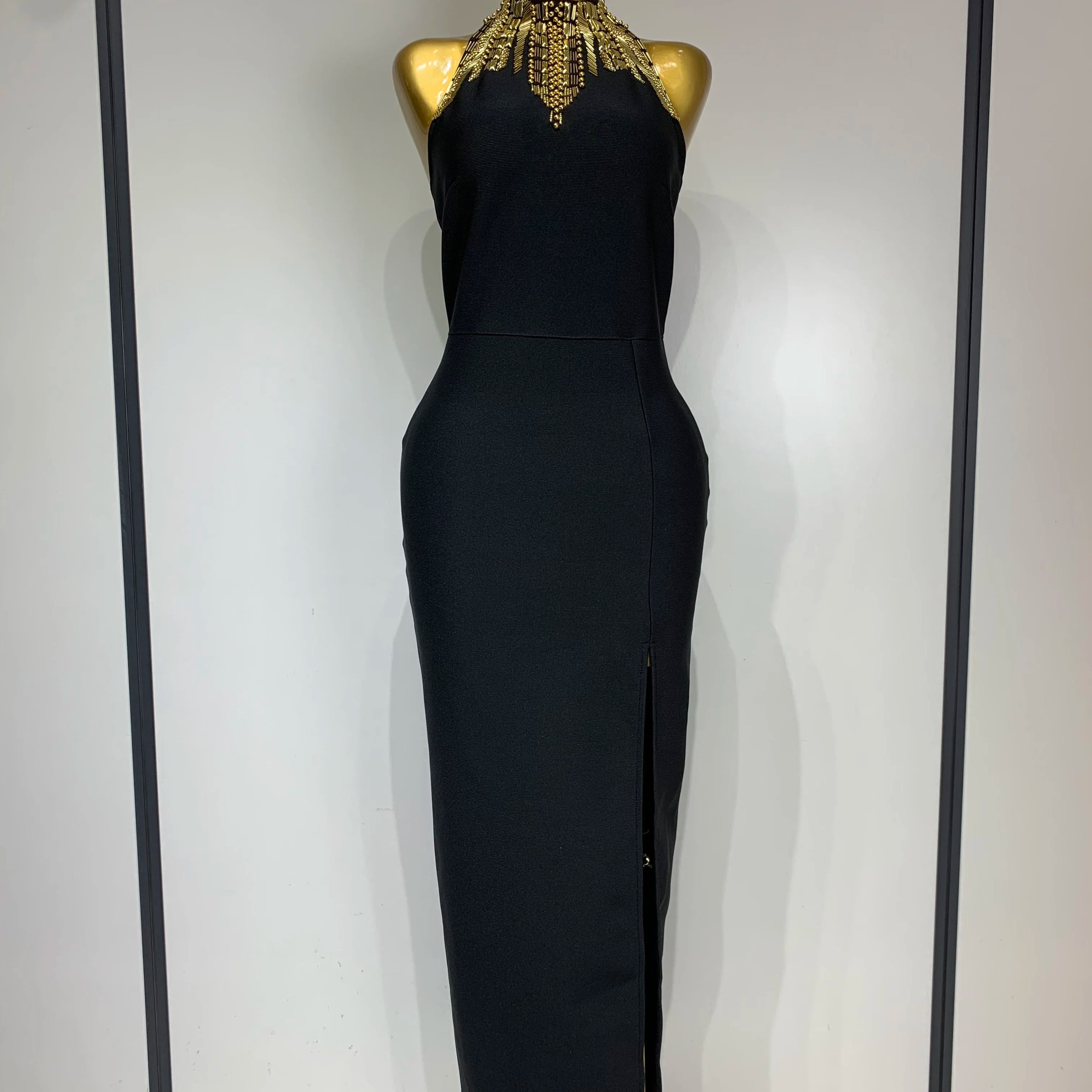 Women Fashion Celebrity Sexy Backless Beading Midi Black Bodycon Bandage Dress 2025 Elegant Evening Club Luxury Birthday Dresses