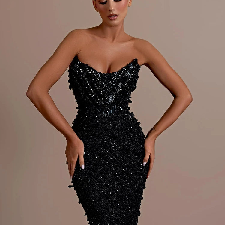 VC Stunning Strapless Sleeveless Black Crystal Sequin Dress Luxury Party Evening Gown