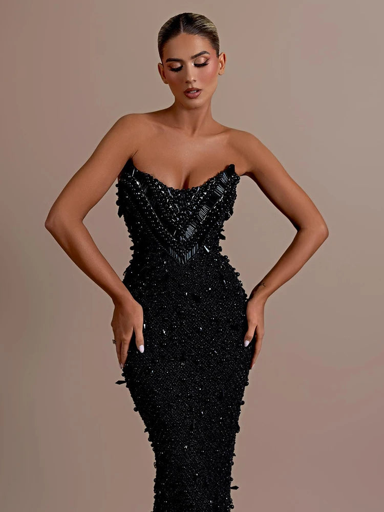 VC Stunning Strapless Sleeveless Black Crystal Sequin Dress Luxury Party Evening Gown